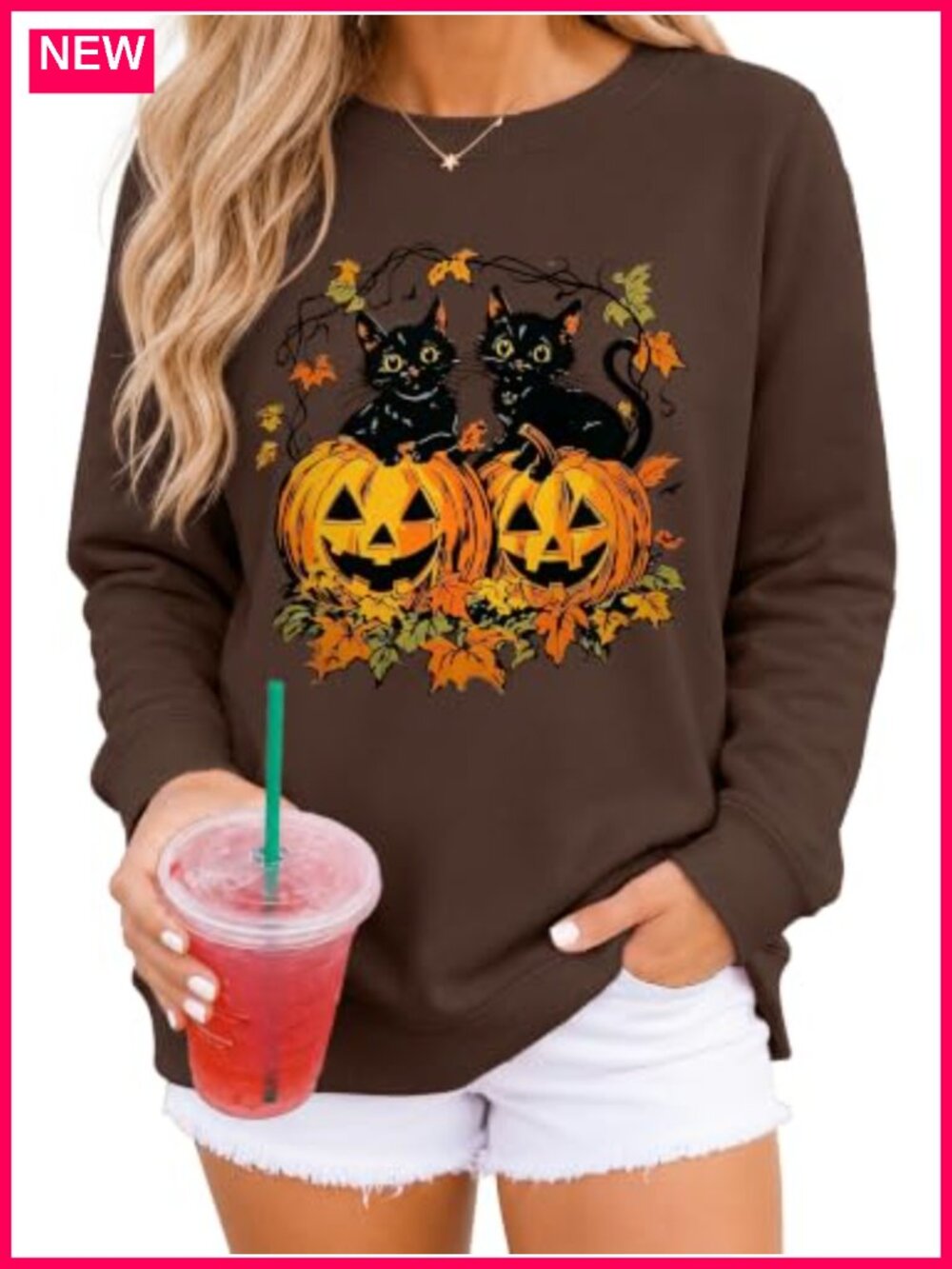 Women's Halloween Sweatshirt Black Cat Pumpkin Pullover Long Sleeve Fall Top